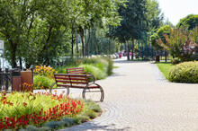 Rest Area With Bench Surrounded By Blooming Flowers And Ornamental Shrubs In Kyiv, Europe. Place To Rest In The City Park