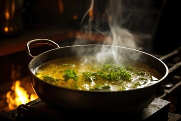 Poster - close-up of boiling soup in a pot with steam