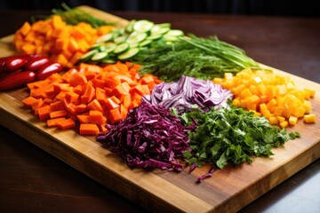 Wall Mural - freshly chopped vegetables on a board