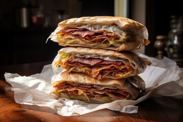 Canvas Print - stack of sandwiches wrapped in parchment paper