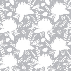  seamless pattern with white abstract protea flowers. Monochrome tropical floral background.