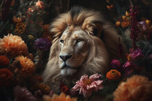 Lion Wild Cat Abstract Portrait With Flowers And Leaves. Creative Animal Portrait. Generative Ai.