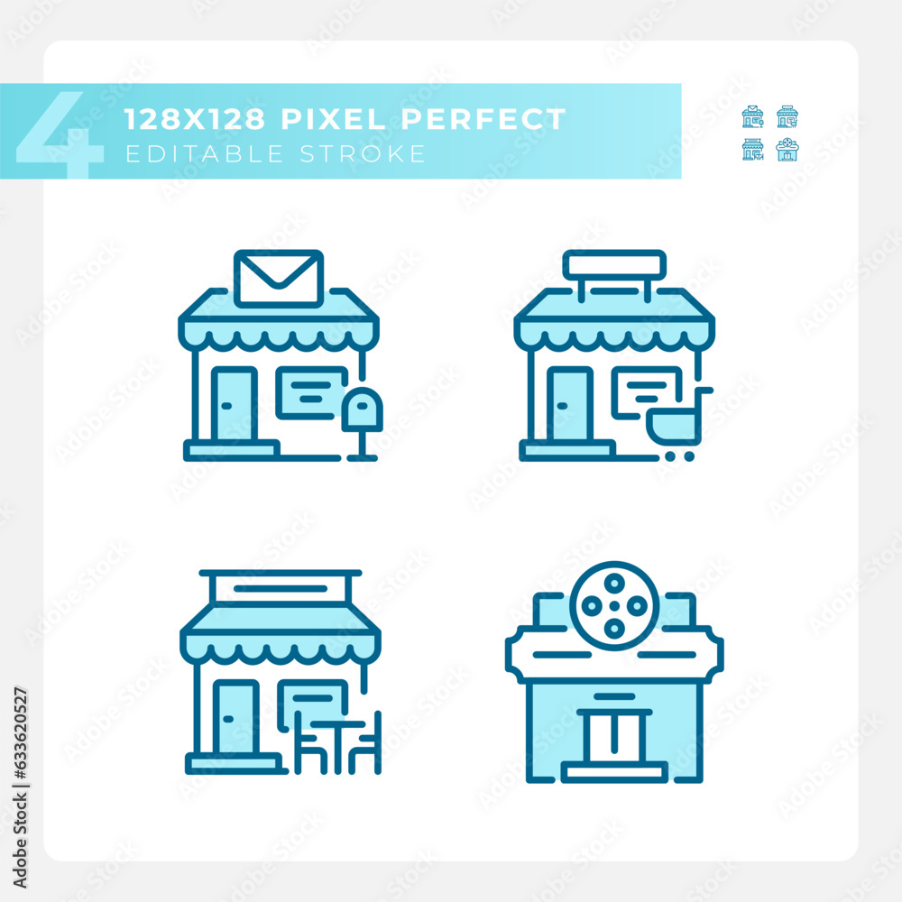 2D pixel perfect blue icons set representing various architecture ...