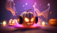 Illustration Of Fairy Pumpkin In Headphones. Halloween Concept
