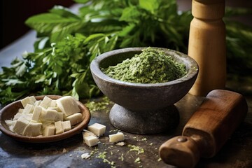 Sticker - close-up of mortar and pestle with pesto ingredients