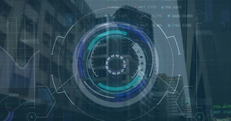 Poster - Animation of loading circles, graphs and trading board over modern buildings against sky