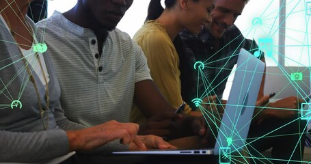 Poster - Animation of connected icons forming globes over diverse coworkers discussing reports on laptop