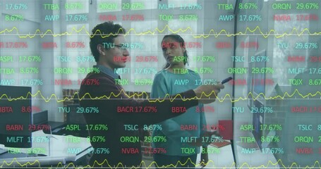 Poster - Animation of multicolored trading board over diverse coworkers discussing reports on whiteboard