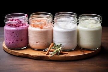 Wall Mural - collection of flavored homemade yogurt jars