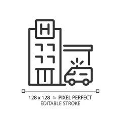 Poster - 2D pixel perfect editable black hospital icon, isolated vector, building thin line illustration.