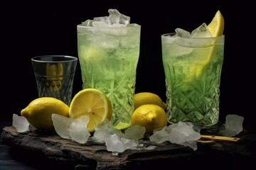 Poster - lemonade poured into ice-filled glasses