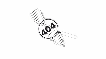 Poster - DNA strand rotating through magnifying glass black and white error 404 animation. Error message gif, motion graphic. DNA spiral in loupe magnifier animated objects linear 4K video isolated on white