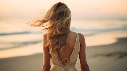 back view of beautiful young woman in summer dress standing on sandy beach. pretty woman enjoy her t