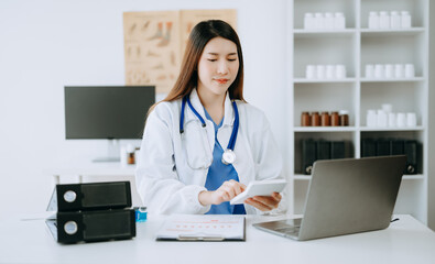 Wall Mural - Medicine doctor hand working with modern digital tablet computer interface as medical network concept