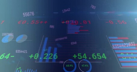 Leinwandbilder - Animation of changing numbers over multiple graphs and trading board over blue background
