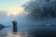 frosty morning with a polar bear taking a plunge in icy lake