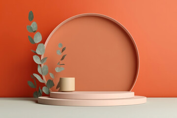 Fototapete - Product Podium Display Mockup with Free Space on an orange backgroune. Generative AI