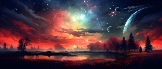 Wall Mural - Night sky background with colorful clouds and star