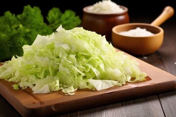 Poster - freshly chopped cabbage with salt on wooden board