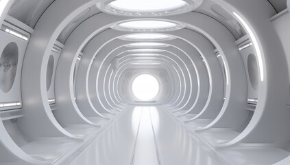Poster - Futuristic Empty White Tunnel with a Light from the End extreme closeup. Generative ai
