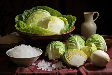 Wall Mural - fresh whole cabbages alongside a bowl of shredded cabbage