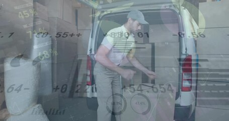 Sticker - Animation of infographic interface and trading board, caucasian man placing boxes in van