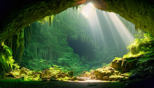An Ancient, Mystical Cave Entrance Hidden Within A Lush Forest, With Rays Of Sunlight Streaming Through The Foliage Onto The Cave's Mouth
