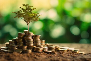 Poster - Wealth Business Concept. New Tree Growing in a Stacks of Coins extreme closeup. Generative AI