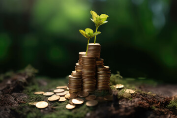 Poster - Wealth Business Concept. New Tree Growing in a Stacks of Coins extreme closeup. Generative AI