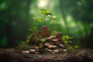 Poster - Wealth Business Concept. New Tree Growing in a Stacks of Coins extreme closeup. Generative AI