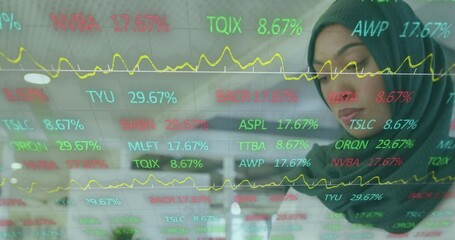 Poster - Animation of multicolored trading board over biracial woman wearing hijab checking camera in office