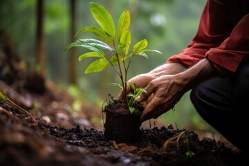 Wall Mural - hand planting a sapling in a rainforest restoration project