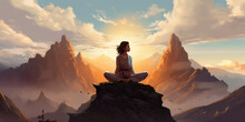 Illustration Of Woman Meditating On Mountain Peak
