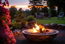 Diy Fire Pit Glowing At Twilight In A Garden Setting