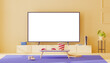 Large blank screen TV in living room with coffee table and popcorn. The concept of online cinema, streaming service, video hosting, advertising and watching a game or movie. Mock up. 3d rendering