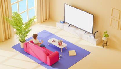 Fototapete - Gamer sits on a couch and plays a console on a putsm screen TV. The concept of virtual reality and recreation. Mock up. 3d rendering