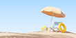 Beach umbrella with sun lounger and beach accessories. Vacation, vacation and travel concept. Mock up. 3d rendering