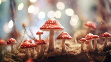 Up Close Macro Of Red Mushrooms Growing In Forest, Beautiful Bokeh Background Blur, Shallow Depth Of Field, Fungi In Nature, Organic Plants, Poisonous - Generative AI