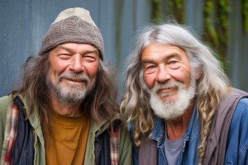 Wall Mural - portrait of two homeless men enjoying a day outside