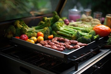 Canvas Print - vegetables and meat cooking on smart grill