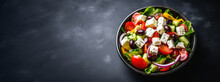 Greek Salad With Fresh Vegetables, Feta Cheese And Black Olives On A Dark Background Generative AI