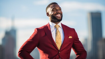 Wall Mural - Muscular man with arms crossed, wearing a suit and tie, smiling with a red and gold color scheme, set against a cityscape background. Generative AI