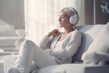 Woman listening to music and laughing in living room