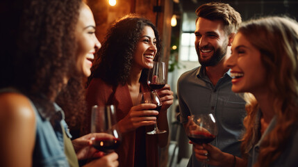 Wall Mural - Group of cheerful friends having wine at party