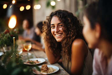 Woman enjoying with friends at outdoor dinner party