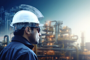 Double exposure of Engineer with safety helmet with oil refinery industry plant background