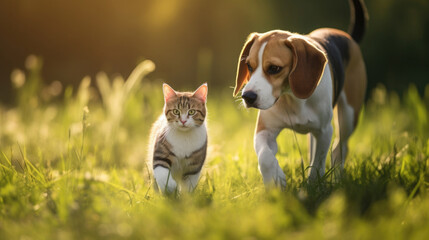 Cute beagle dog walking together with a cat on a green field with natural sunlight