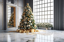 Christmas Tree With Gold And White Decorations And Gifts In A Modern Interior