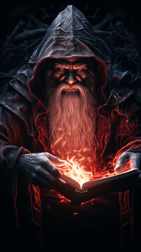 A sorcerer conjuring a spell from an ancient book Dark F