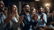 © Unique Creations - Conference, team of coworkers clapping hands for success of presentation  Support, achievement and diverse group of people applauding together in business meeting.